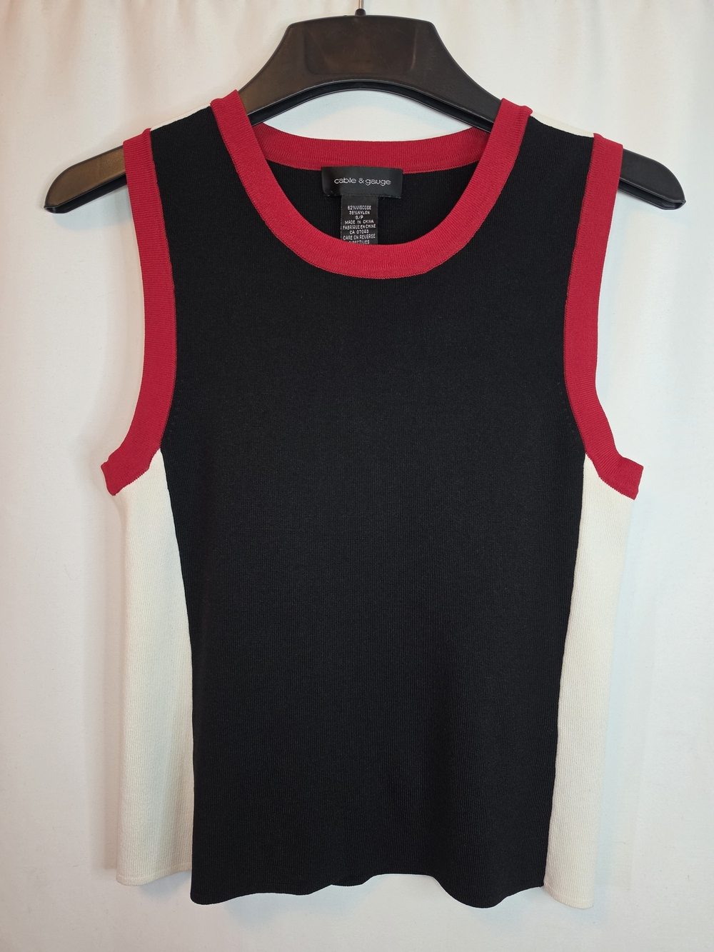 Cable & Gauge Black Tank Top with Red Trim and White/Cream Sides.
